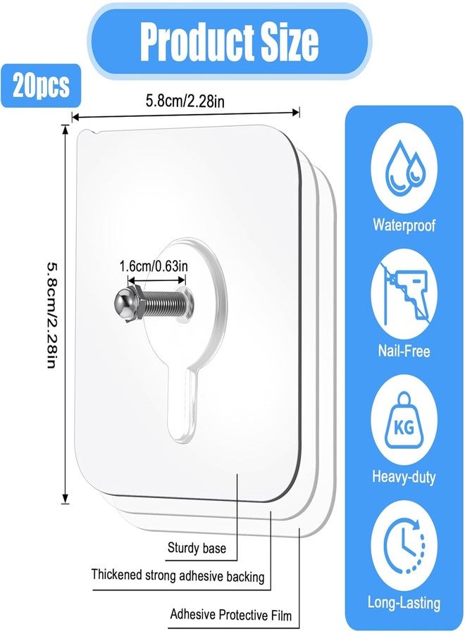 BONZELLA 20 Pcs Heavy Duty Self Adhesive Screw Wall Hooks for Hanging,Stainless Steel Wall Hooks Sticker for Kitchen Bathroom & Home Use,Transparent Nail Free Sticky Wall Hook Without Drilling (20) - Image 2